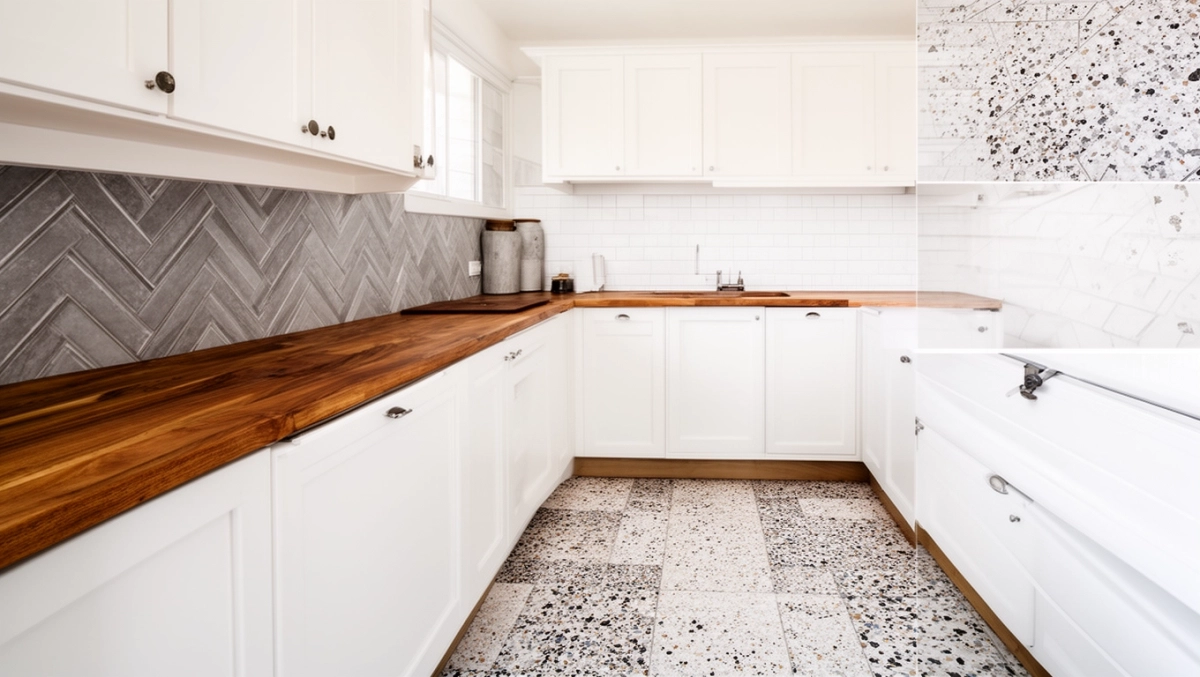 Jakie płytki do białej kuchni z drewnianym blatem