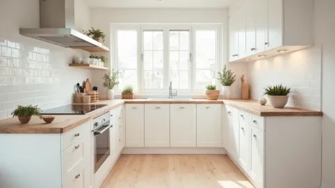 biała kuchnia z drewnianym blatem jaka podłoga