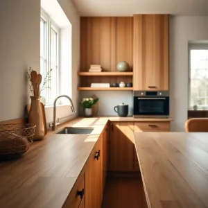 Kaszmirowa kuchnia z drewnianym blatem